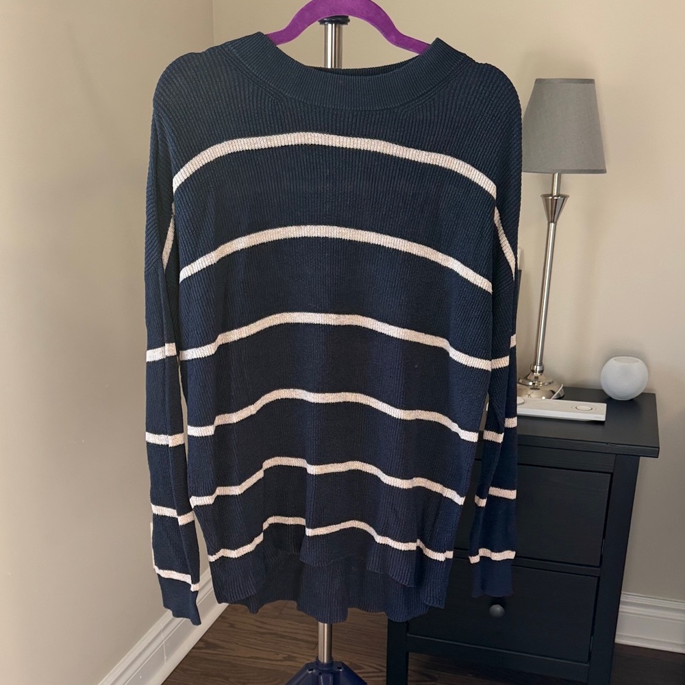American Eagle Outfitters Navy and Cream Striped Crewneck Sweater